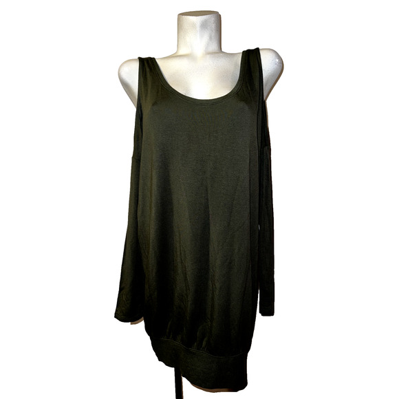 New EXPRESS Top Women's Size M Green Cold Shoulder LS Oversized Banded Tunic - Picture 1 of 6